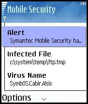 Symantec Mobile Security 4.0 for Symbian - выбор действий над инфицированным файлом