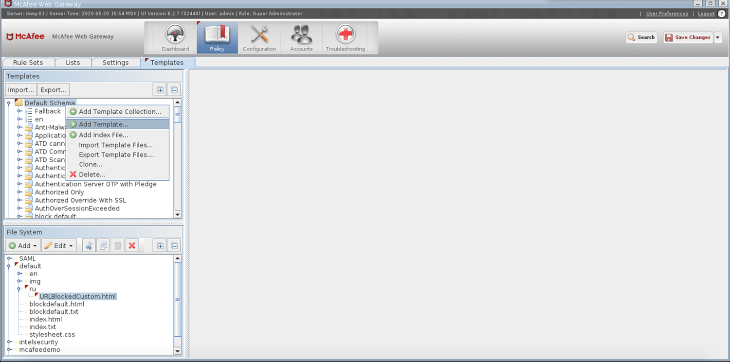 Создание нового шаблона «URL Blocked Custom» в McAfee Web Gateway Создание нового шаблона «URL Blocked Custom» в McAfee Web Gateway