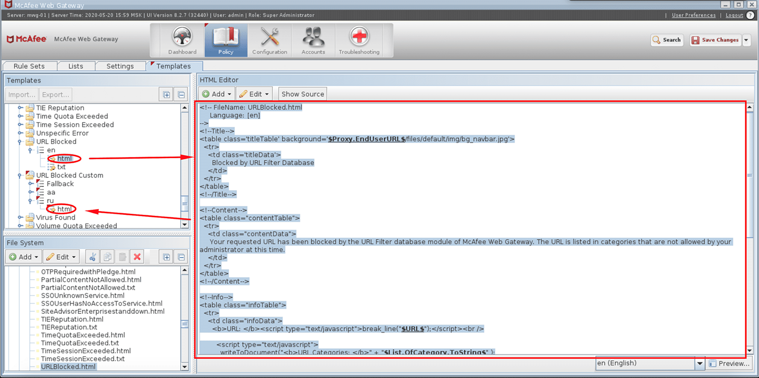 Создание нового шаблона «URL Blocked Custom» в McAfee Web Gateway Создание нового шаблона «URL Blocked Custom» в McAfee Web Gateway