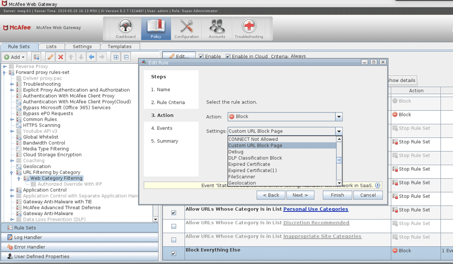 Смена настроек в правиле блокировки социальных сетей в McAfee Web Gateway Смена настроек в правиле блокировки социальных сетей в McAfee Web Gateway