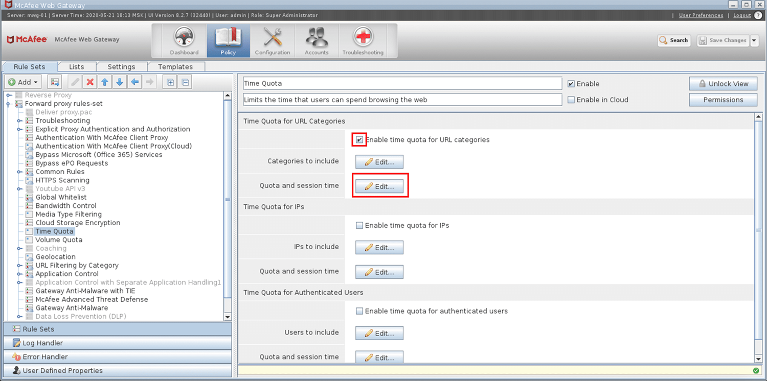Настройка квоты по времени для URL категории «Социальные сети» в McAfee Web Gateway Настройка квоты по времени для URL категории «Социальные сети» в McAfee Web Gateway