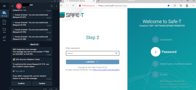 Многофакторная аутентификация. Пользователь ввёл свои учётные данные, но Safe-T ждёт подтверждения от телеграм-бота Многофакторная аутентификация. Пользователь ввёл свои учётные данные, но Safe-T ждёт подтверждения от телеграм-бота