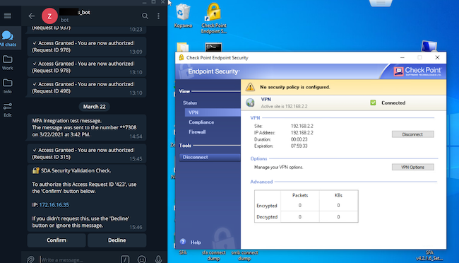Многофакторная аутентификация при подключении по VPN. VPN-соединение установлено, но без подтверждения в телеграм-боте обмен информацией не производится Многофакторная аутентификация при подключении по VPN. VPN-соединение установлено, но без подтверждения в телеграм-боте обмен информацией не производится