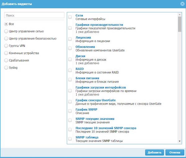 Виджеты, доступные для добавления в UserGate Log Analyzer Виджеты, доступные для добавления в UserGate Log Analyzer