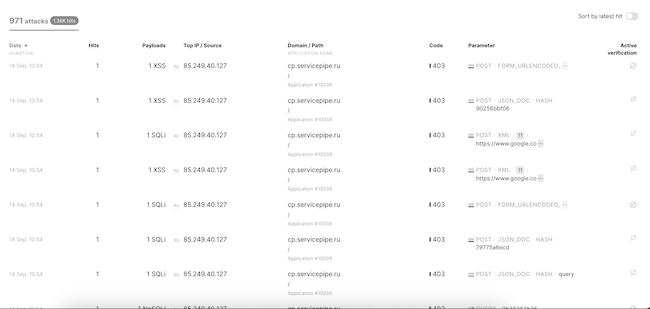 Журнал WAF для ресурса cp.servicepipe.ru (множество атак, связанных с активностью ботов) Журнал WAF для ресурса cp.servicepipe.ru (множество атак, связанных с активностью ботов)