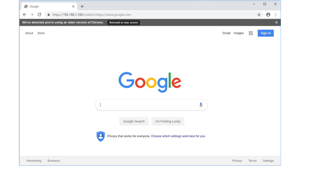 Веб-страница браузера с использованием FortiIsolator Веб-страница браузера с использованием FortiIsolator