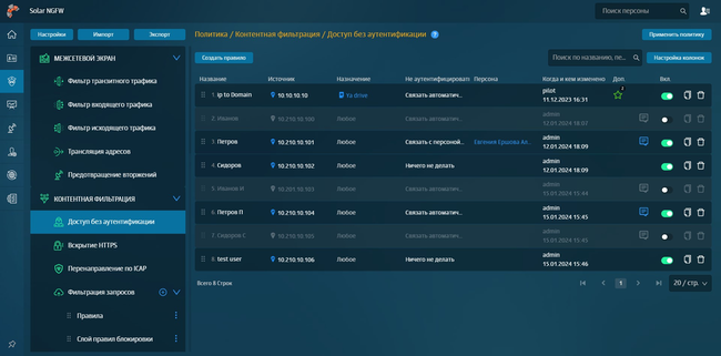 Правила доступа без аутентификации в Solar NGFW Правила доступа без аутентификации в Solar NGFW