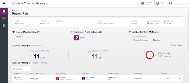 Панель «Users» в консоли управления доступом STA, информация по пользователю Панель «Users» в консоли управления доступом STA, информация по пользователю