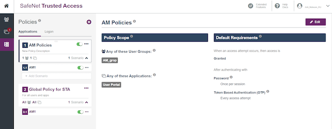 Панель «Policies» в консоли управления доступом STA Панель «Policies» в консоли управления доступом STA
