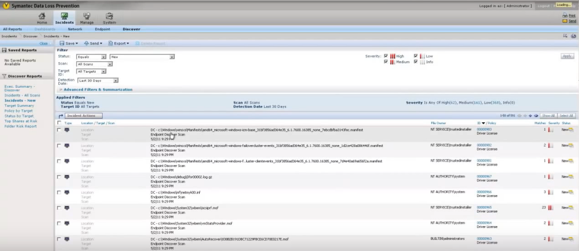 Перечень инцидентов, сформированных модулем Symantec DLP Network Discover после поиска конфиденциальных данных Перечень инцидентов, сформированных модулем Symantec DLP Network Discover после поиска конфиденциальных данных