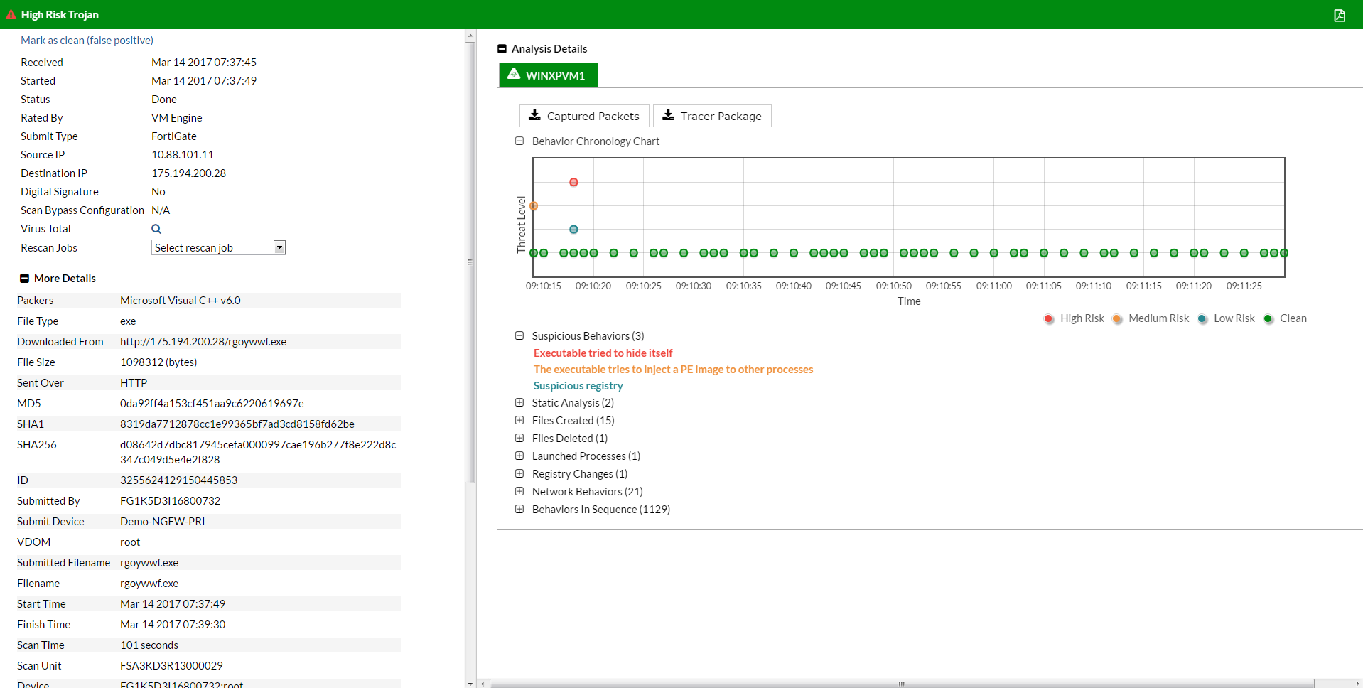 Подробная информация о подозрительном файле в FortiSandbox Подробная информация о подозрительном файле в FortiSandbox