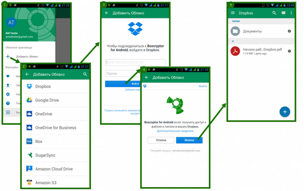 Первый запуск Boxcryptor на Android и определение облачного хранилища Первый запуск Boxcryptor на Android и определение облачного хранилища
