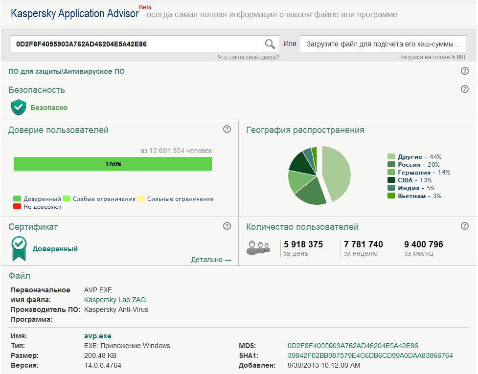 Репутация файла «avp.exe» в Kaspersky Application Advisor Репутация файла «avp.exe» в Kaspersky Application Advisor